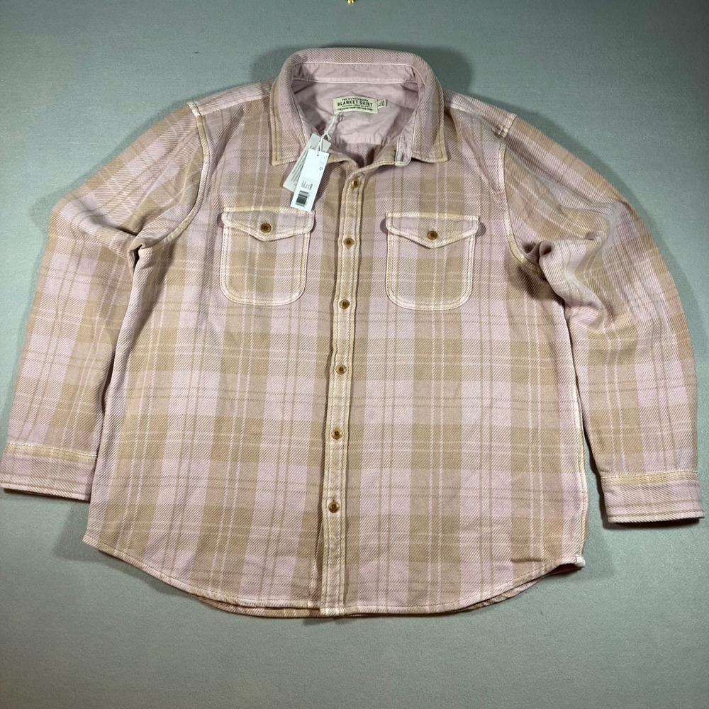 Outerknown Blanket Shirt Men XL Pink Tan Plaid Organic Cotton Flannel Eco-Friend